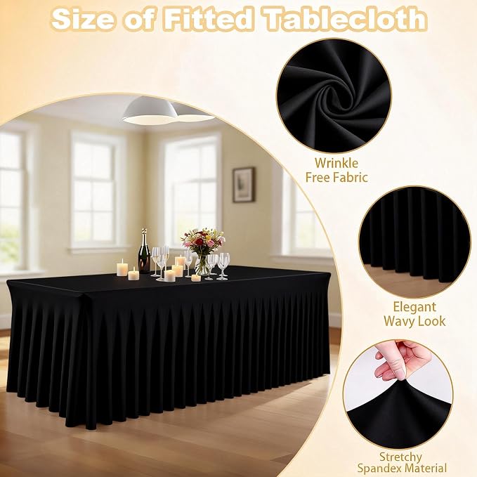 WJWHQ 5 Pack Black Spandex Tablecloths, Stretch Fitted 6ft Table Cover (120 Inch) with Skirt, Wrinkle Free for Weddings, Parties, Banquets, Dining Fits 6 Foot Rectangle Tables