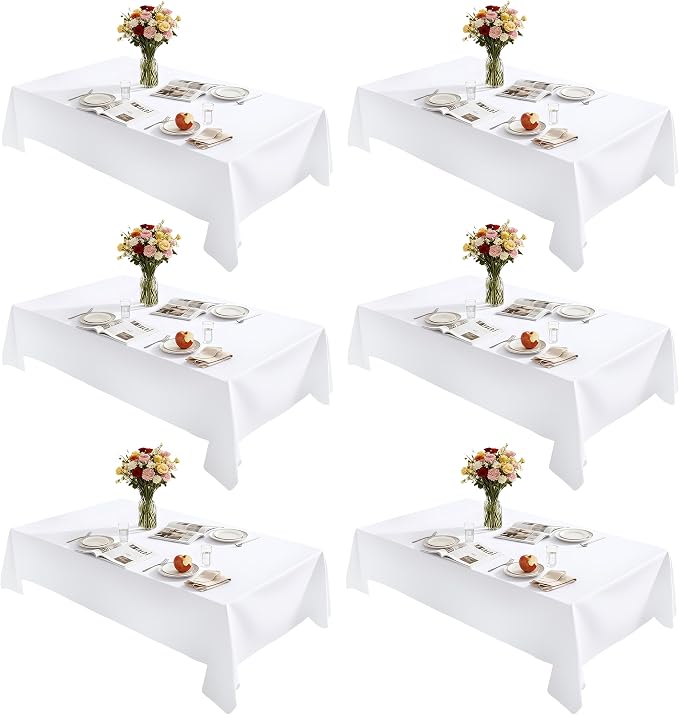 Rectangle Tablecloth 60" x 84", White Washable Polyester Table Cloth, Wipeable Table Cover for Dining, Wedding, Birthday, Party, Banquet Decor, 6 Pack