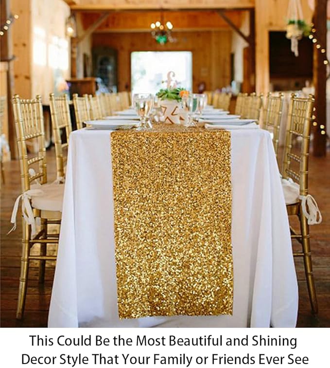 ShinyBeauty 15 Pack Gold Sequin Table Runners 12x108 inches Long - Sparkly Glitter Table Linens for Wedding, Party, and Elegant Events