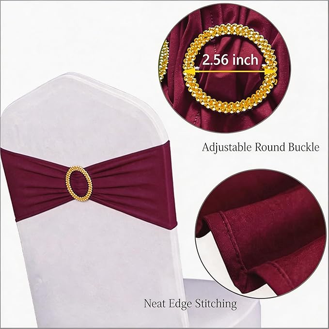 Pack of 50 Spandex Dark Burgundy Chair Sashes with Gold Buckles, Stretch Chair Bands Bows for Wedding Party Baby Shower Decor