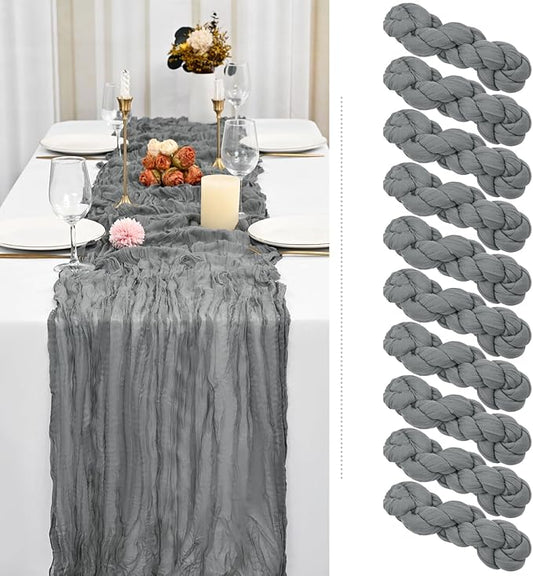Showgeous 10 Pack Grey Cheesecloth Table Runner Gauze Table Runner 10FT Long Semi-Sheer Table Runner Boho or Rustic Wedding Table Decor for Wedding Decor Arch Draping Bridal Shower Holiday Party
