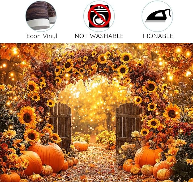 8 x 6 ft Fall Backdrop Autumn Sunflower Arch Forest Leaves Pumpkins Scenery Rustic Trail Harvest Photography Background Fall Farm Thanksgiving Party Supplies Banner Picture Photo Booth
