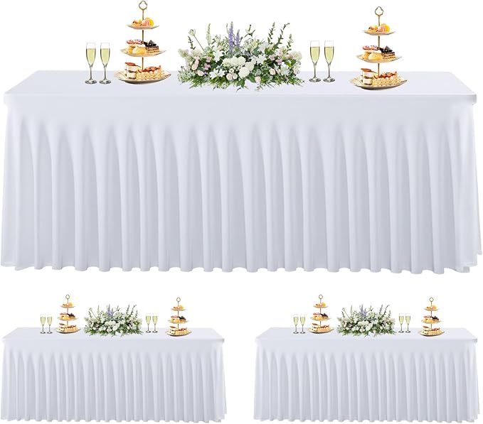 3 Pack White Spandex Table Cloths for 6 Foot Rectangle Tables, Wrinkle Free Fitted Table Covers 6 Ft Stretch Polyester Tablecloths with Skirt for Party Banquet Wedding Birthday Christmas