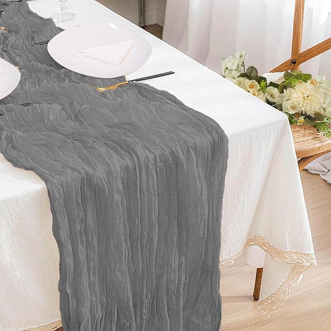 12 Pack Gery Cheesecloth Table Runner 10ft Boho Gauze Cheese Cloth Table Runner Rustic Sheer Runner 120 inch Long for Christmas Wedding Table Decorations