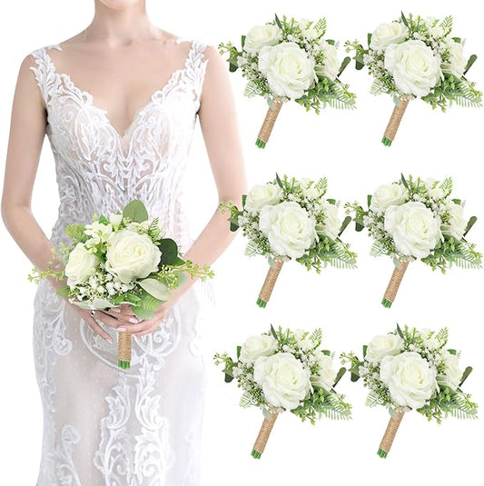 Bridesmaids Bouquets Set of 6 Ivory White Artificial Flowers 7 Inch Bridesmaid Bouquet Wedding Pre-Made Rustic Rose Small Floral Bouquets for Bridal Shower Marriage Proposal Party Anniversary Decor