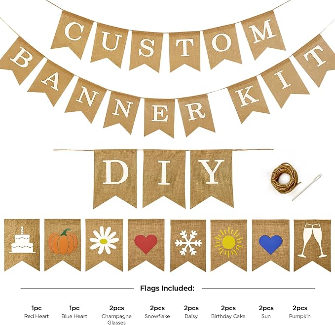 Custom Banner Kit with Holiday Banners and Picture Flags, 109 Imitation Burlap Flags, Includes 95 Printed Letters, Numbers & Symbols, DIY, String & Needle