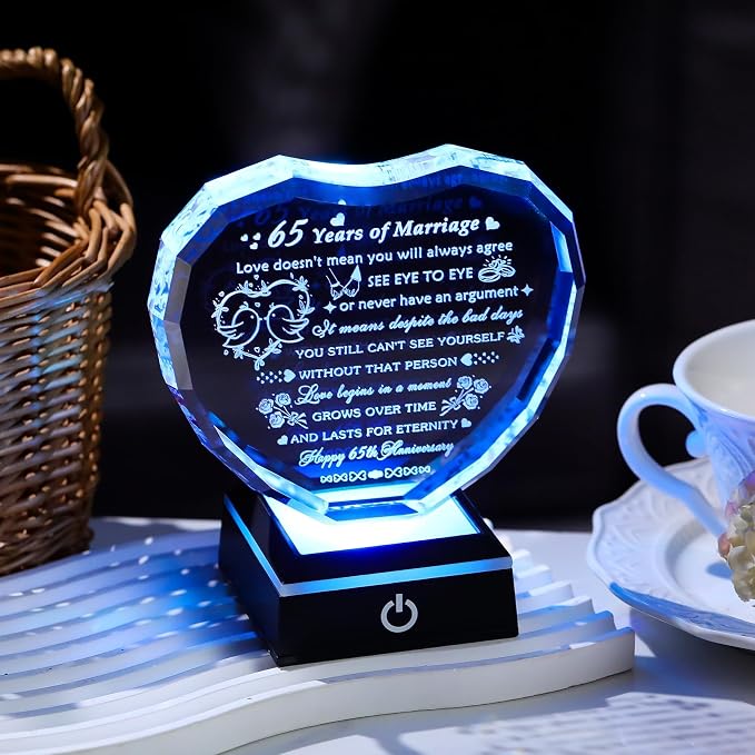 Arikyrist 65th Wedding Anniversary Crystal Gifts for Couple Parents, Happy 65th Anniversary Heart Keepsake Decorations Gifts for Wife Husband, Romantic 65 Years of Marriage Gift for Him Her Friends