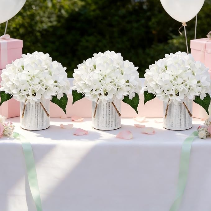 Flower Table Centerpieces - Set of 6 Floral Arrangement Artificial Wedding Hydrangeas Floral Arrangement with Rustic Metal Vase for Bridal Tea Party Event Decorations - Ivory White