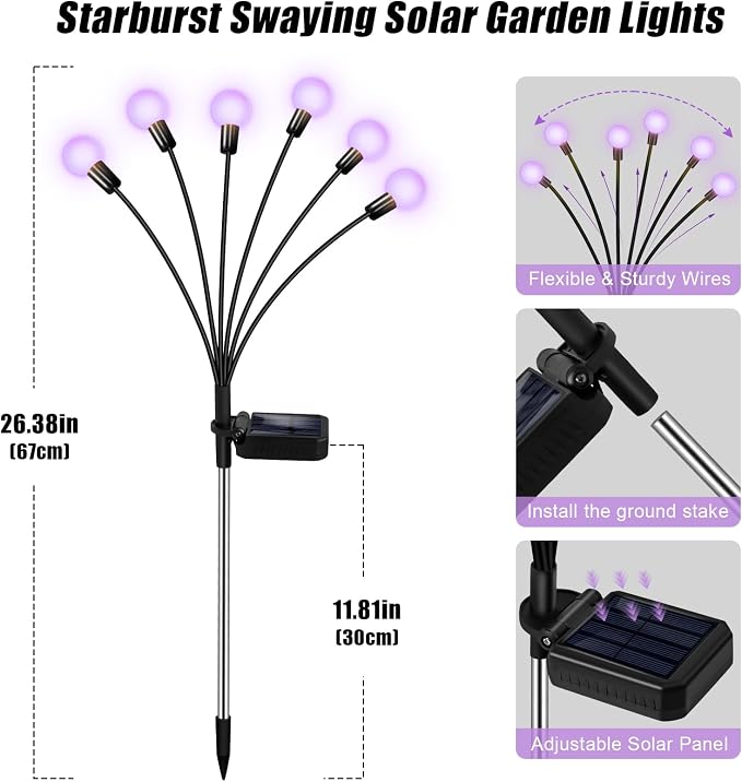 ZFNN Solar Garden Lights Outdoor, 4 Pack Firefly Swaying Lights Purple, Waterproof 4 Pack 24 Heads Garden Decor for Yard Patio Pathway Lawn, Gardening Gifts for Women Christmas Decoration