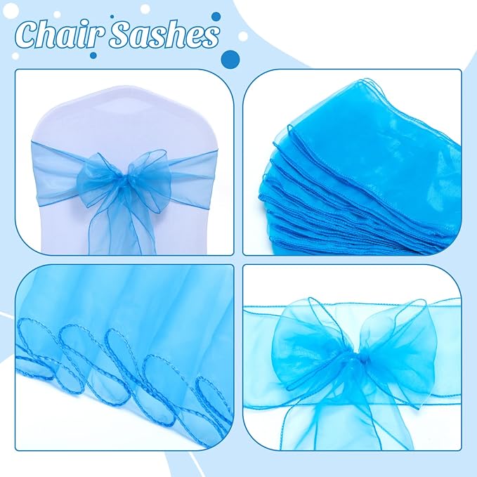 MDS® Pack of 125 Organza Chair Sashes for Wedding Decoration, Reusable Sheer Chair Bows for Banquet Chair Cover, Reception, Bridal Shower, Baby Shower, Birthday Party & Special Events - Blue