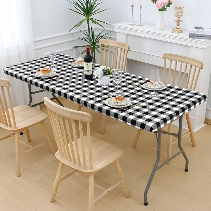 Smiry Picnic Table Cloth 4 Pack, Waterproof Elastic Fitted Tablecloths for 24x48 Rectangle Tables, Washable Polyester Buffalo Plaid Tablecloth for Camping, Dining & Outdoor (Black & White, 24" x 48")