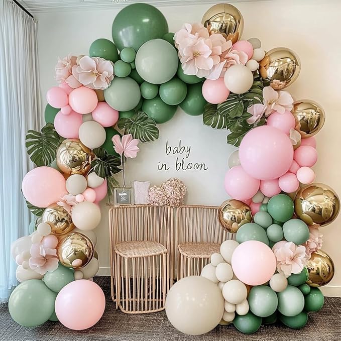 Sage Green Pink Balloon Arch Kit Double Stuffed Dusty Green Pastel Pink White Sand Gold Balloon Garland Light Olive Cream Balloons for Baby Shower Birthday Wedding Spring Wildflower Fairy Party Decor