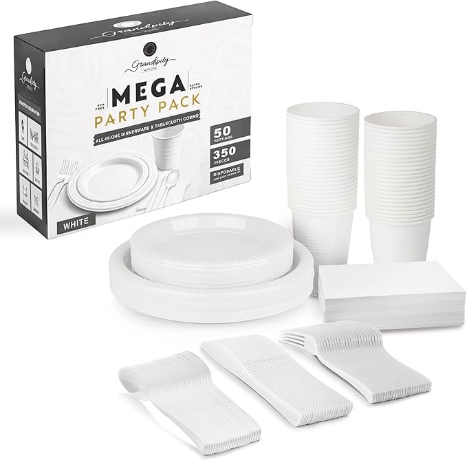 350 Piece WHITE Disposable Dinnerware Set 50 Guests, Plastic Party Plates And Cups And Napkins Sets - 50 Count 9" Dinner Plates, 7" Dessert Plates, 12oz Cups, Paper Napkins, Forks, Knives & Spoons