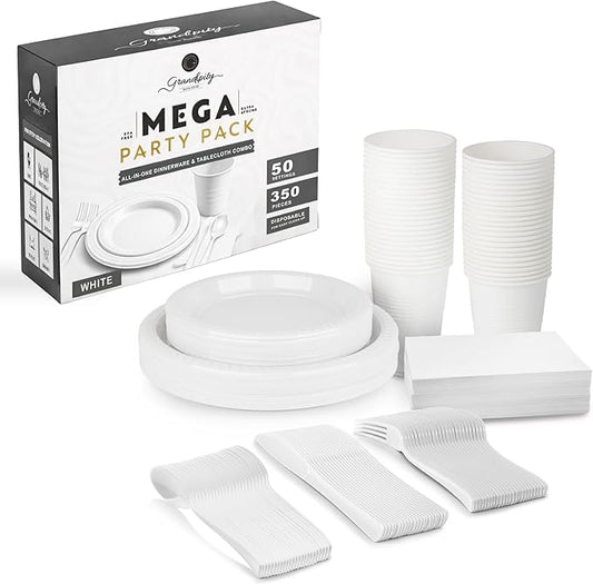 350 Piece WHITE Disposable Dinnerware Set 50 Guests, Plastic Party Plates And Cups And Napkins Sets - 50 Count 9" Dinner Plates, 7" Dessert Plates, 12oz Cups, Paper Napkins, Forks, Knives & Spoons