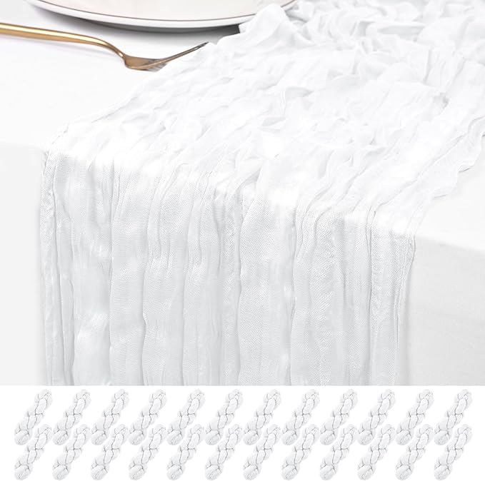 24 Pack White Cheesecloth Table Runner 120 inch Fall Thanksgiving Boho Rustic Gauze Farmhouse 10FT Cheese Cloth Runner for Baby Shower Wedding Party Holiday Home Decor