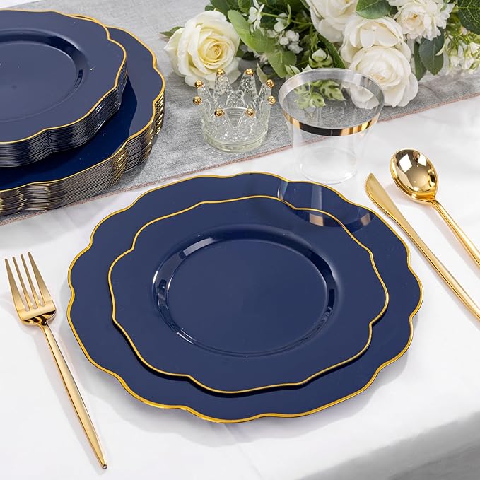 bUCLA 180PCS Blue Plastic Plates - Navy Blue and Gold Rim Disposable Include 30 Each (Dinner & Dessert) Plates, 30 Knives, 30 Forks, 30 Spoons and 30 Cups, Ideal for Party, Gathering & Graduation