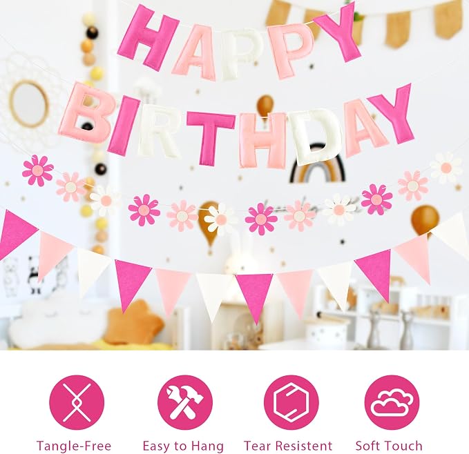 CANREVEL Pre-Strung 3D Happy Birthday Banner, 3 PCS Happy Birthday Felt Garland, Pom Pom Garland, Triangle Fabric Garland Bunting, Reusable Birthday Decorations for Women Men Girls Boys, Pink Flower