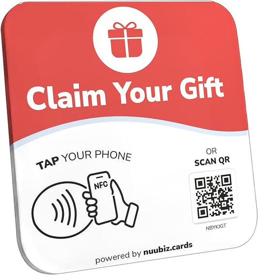 NFC Business QR Code Sign Plate for Claiming Your Gifts – Drive Offline Engagement Online – Works Like Review Tap Card & Social Media Sign – No App or Fees – Includes Stand or Adhesive