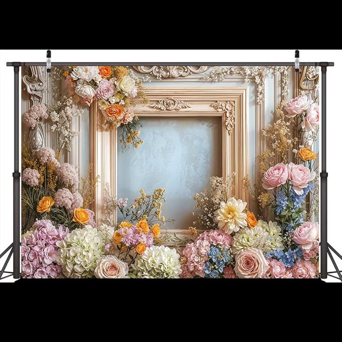 12X10ft Retro Wall Wedding Backdrops Frame Style Colorful Flowers Wall Background Medieval Building Photo Background for Mothers Day Bridal Baby Shower Birthday Girls Women Decoration Backdrop