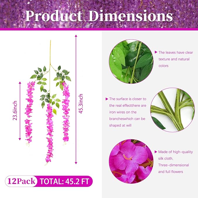 12 Pack Purple Red Wisteria Hanging Flowers, 3.77 Ft Fake Hanging Flowers, Artificial Wisteria Garland Vines for Wedding Room Backdrop Outdoor Patio Garden Decoration