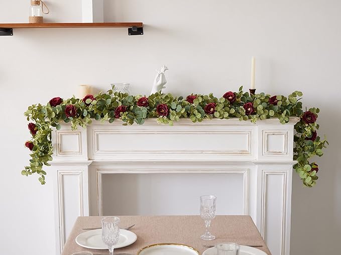 PARTY JOY 6.5 ft Eucalyptus Garland with Flowers, Floral Greenery for Party Wedding Table Indoor Outdoor Backdrop Wall Decor (Red,1)