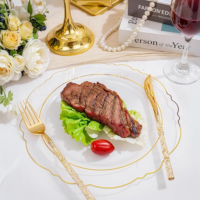Liacere 150PCS Clear Gold Plastic Plates - Disposable Plastic Silverware with Glitter Bamboo Handle Cutlery-Baroque Clear Gold Disposable Plates for Wedding & Party & Mother's Day