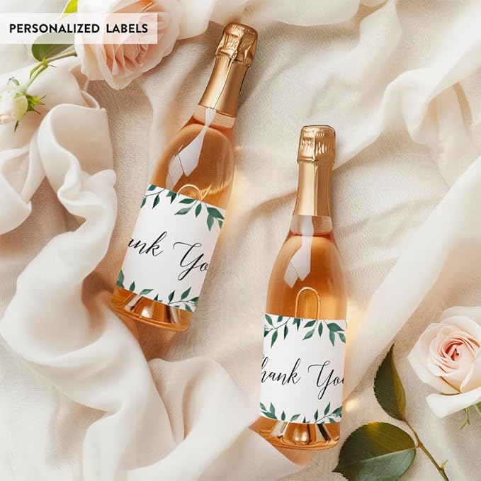 Andaz Press Mini Champagne Wine Bottle Labels, Thank You!, Greenery Green Leaves, 20-Pack, Mini Champagne Favor Gift Labels Baby Shower Bridal Shower Bachelorette Party
