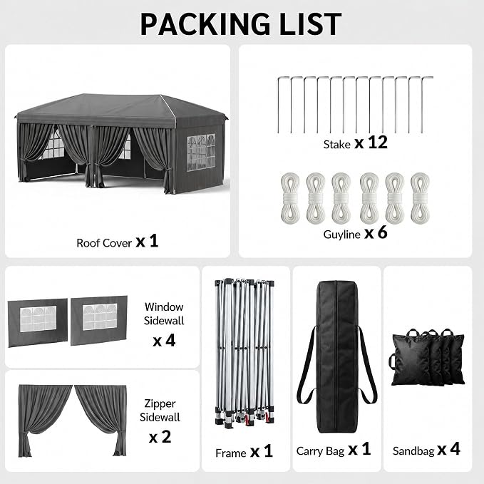 10x20 FT Portable Pop Up Canopy Tent, Adjustable Height Instant Gazebo with Sidewalls, Sandbags,Outdoor Canopy for Camping, Parties, Vendor Events (Grey with Reflective Strip, 3m × 6m with sidewalls)
