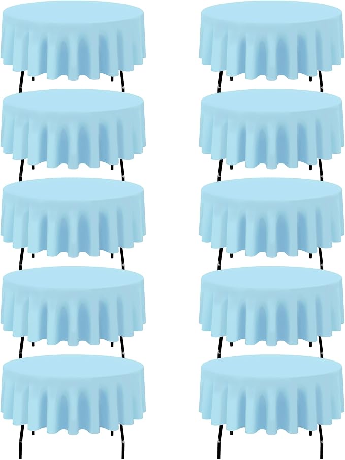BRILLMAX 10 Pack Light Blue Round Tablecloths 90 Inch for 60” Tables - 150 GSM Polyester Fabric, 15" Standard Drop, Water, Stain & Wrinkle Resistant Cloth Cover for Wedding Reception Banquet Dining