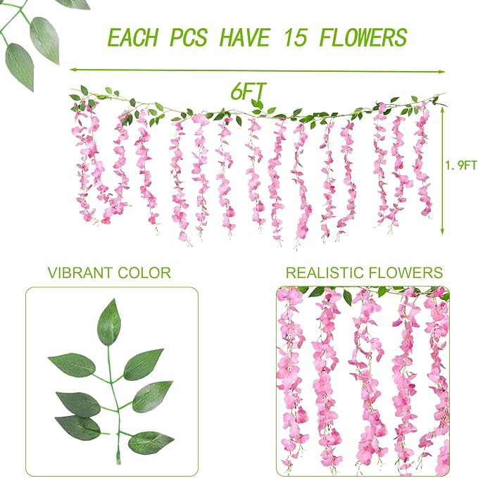 BSMYBO 60 Branches Wisteria Hanging Flowers Pink Artificial Wisteria Hanging Flowers Garlands Vine for Wedding Arch Party Ceremony Home Garden Backdrop Wall Decoration (4 Pack)