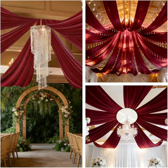 DUOBAO Burgundy 5x20ft Chiffon Ceiling Drapes 6pc Elegant Sheer Wedding Backdrop Curtains Ideal for Tent, Banquet Hall, and Photography