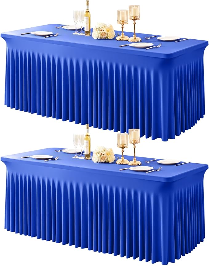 2 Packs Royal Blue Table Clothes for 8 Foot Rectangle Tables, One-Piece Wrinkle Resistant Stretch Spandex Table Covers with Skirt for Event Banquet Wedding Birthday Party