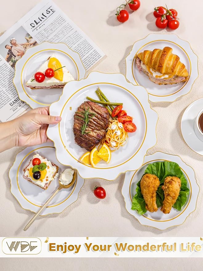WDF 100PCS White and Gold Plastic Plates - Gold Disposable Plates - Include 50 Dinner & 50 Dessert Plate for Party - Heavy Duty Fancy Plastic Plate for Wedding/Bridal shower/Mother's Day