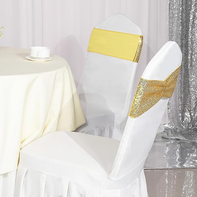 SquarePie Pack of 100 Chair Sashes Bands Gold Stretch Spandex One-Sided Sequin Chair Sashes Bows for Wedding Party Fiesta Decor