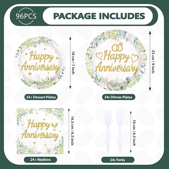 96Pcs Happy Anniversary Party Supplies Sage Green Gold Wedding Party Plates and Napkins Disposable Green Leaves Flower Tableware Set for Couples Anniversary Wedding Decorations Serves 24