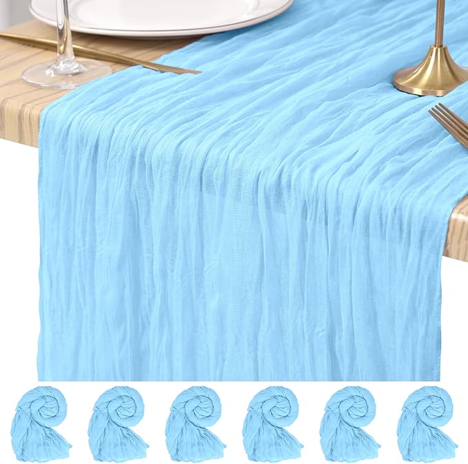 Light Blue Cheesecloth Table Runner 6 Pack 10FT - Boho Gauze Sheer Rustic Crinkled Table Runners for Wedding Party Baby Shower Bridal Decor