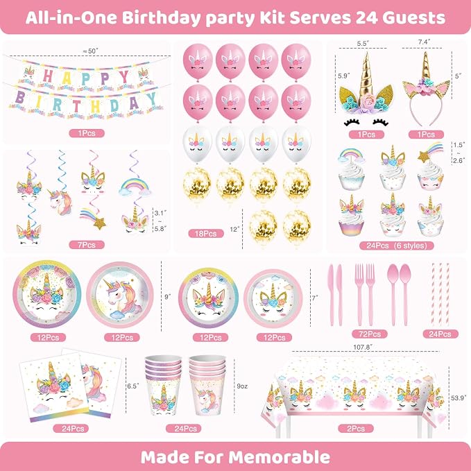 Unicorn Birthday Decorations, Unicorn Party Decorations, Rainbow Birthday Decor for Girls, Includes Plates, Cups, Napkins, Banner, Tablecloths, Balloons, Cupcake&Cake Topper serve 24 Guests