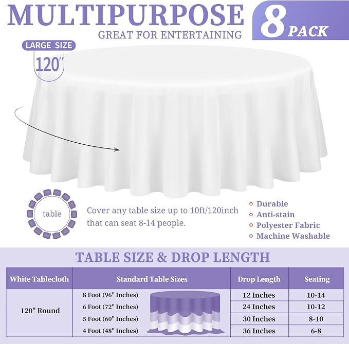 Showgeous 8 Pack White Round Tablecloth 120 Inch Polyester Table Cloth for Tables - Washable Decorative Fabric Covers for Wedding, Dining, Party, Banquet, Buffet