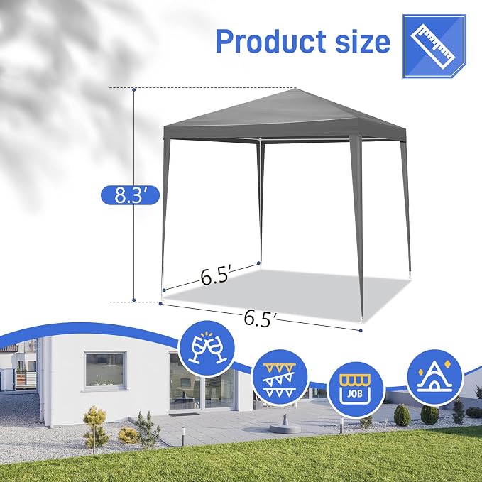 6.5x6.5FT Canopy Tent, Portable Heavy Duty Outdoor Tent with 4 Removable Sidewalls, Waterproof Party, Camping, Picnic & Backyard Shelter, Gray
