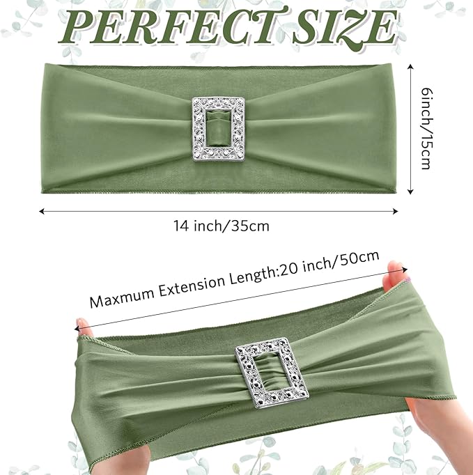 VitalCozy 100 Pcs Spandex Chair Sashes with Square Buckle Slider Stretch Chair Cover Band Universal Elastic Ties Straps Bows for Wedding Banquet Event Party Decoration(Sage Green)