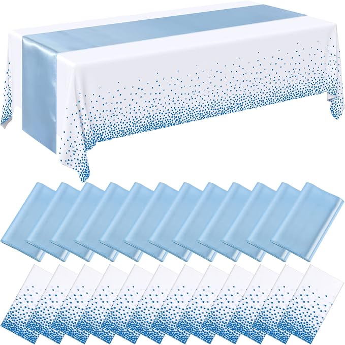 Breling 24 Packs Baby Blue and White Disposable Plastic Tablecloths and Satin Table Runner Set, 54 x 108 Inch Tablecloth, 12 x 108 Inch Table Runners for Wedding Graduation Birthday Baby Shower