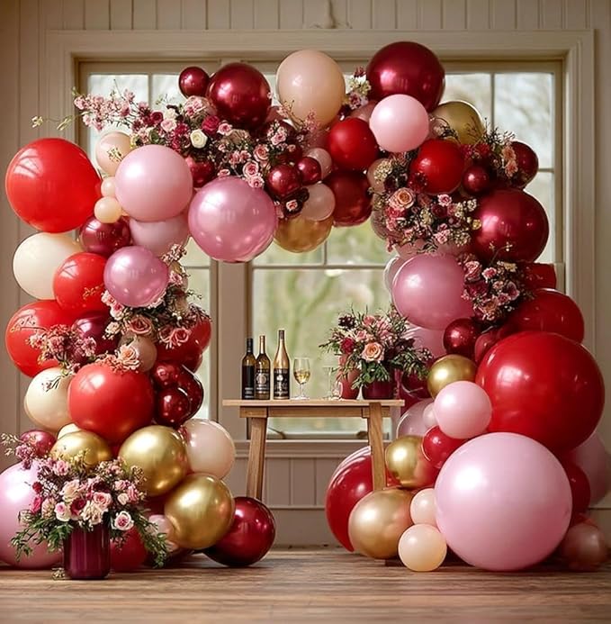 Red Pink Balloon Garland Double Stuffed Burgundy Pink Gold Pearl Balloons Rose Red Blush Nude Balloon Arch for Mother's Day Birthday Bridal Shower Wedding Engagement Party Decorations