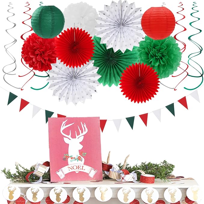 Red-Green White Christmas Party-Decorations - 33pcs Banner,Mexico Italy Streamers Tassel Garland,Tissue Pom Poms Honeycomb,Paper Lantern Fans,Mexican Italian Birthday Wedding Baby Shower Decor Hugtmr