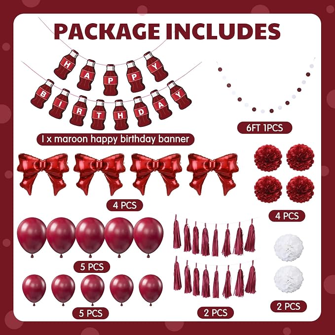 Arrowbash 33 Pcs Burgundy Maroon White Birthday Decorations Include Happy Birthday Banner, Red Tinsel Foil Backdrop, Tissue Paper Pom Poms, Dots Garland, Bow Balloons, Paper Tassels (Bottle Style)