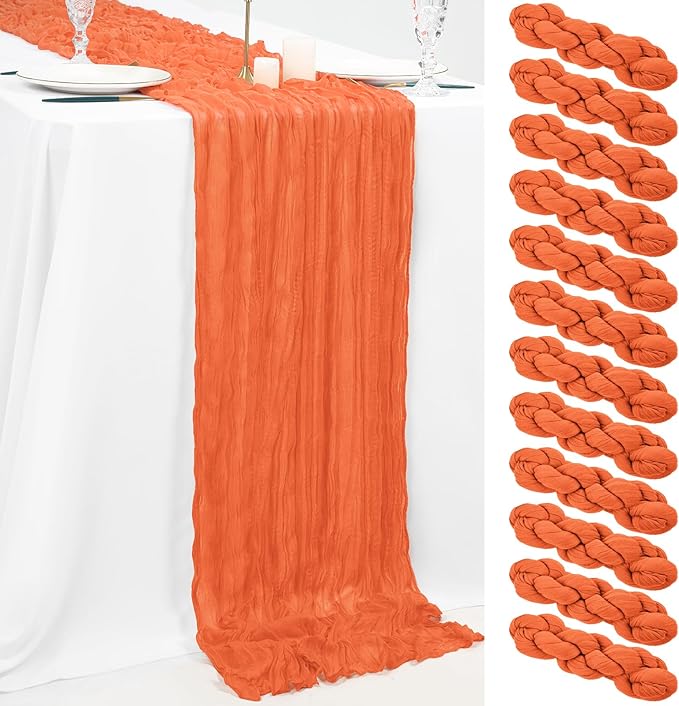 12 Pack 10Ft Orange Cheesecloth Table Runner 35 x 120 inch Boho Gauze Cheese Cloth Table Runner Vintage Rustic Sheer Runners for Wedding Bridal Shower Birthday Party Cake Table Decorations