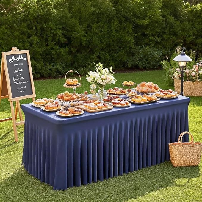 Wish Care 6 Pack Navy Blue Stretch Spandex Table Clothes for 4 Foot Rectangle Tables, 4FT Wrinkle Free Fitted Tablecloths Ruffles Design Table Cover for Party, Banquet, Wedding and Events