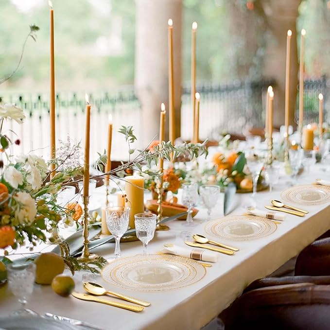 Bestluck 350PCS Clear Plastic Plates with Gold Trim for 50 Guests, Disposable Dinnerware Set for Party & Wedding, Includes 100 Plastic Plates, 50 Pre Rolled Napkins with Gold Silverware, 50 Cups