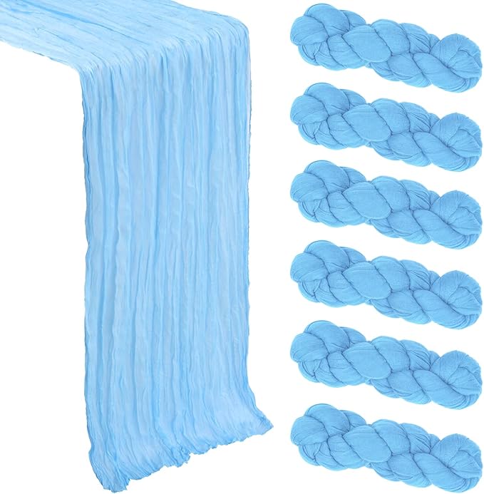 6 Pack Baby Blue Cheesecloth Table Runner 10Ft Spring Gauze Cheese Cloth Table Runner 35x120 Inch Boho Sheer Rustic Fabric Runner for Party Decor Baby Shower Wedding Decorations
