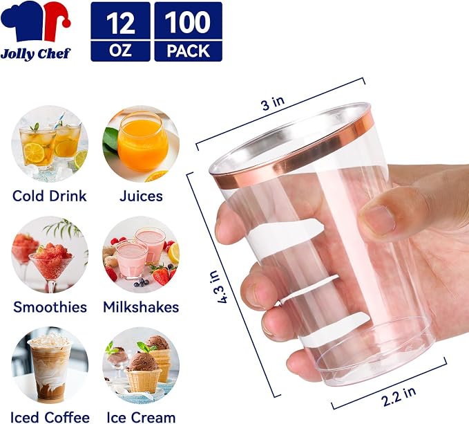 JOLLY CHEF 100 Pack Rose Gold Plastic Disposable Cups, 12 oz Clear Plastic Cups Tumblers, Elegant Rose Gold Rim Disposable Glasses Suitable for Party Wedding