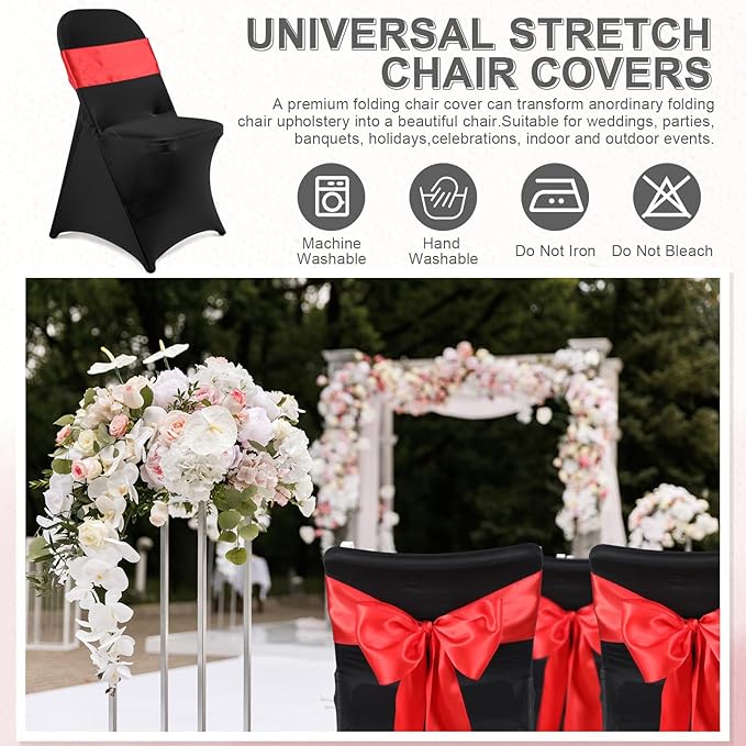 Lounsweer 50 Pcs Folding Chair Cover Set with 25 Stretch Spandex Slipcovers 25 Satin Chair Sashes Bows Ribbon Washable Banquet Protector for Wedding Event Party(Black, Red)
